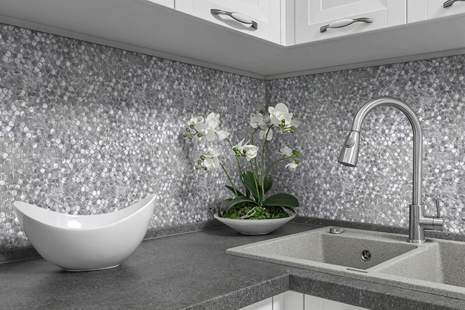 Medium Hexagon Silver Aluminum Mosaic  | Classic Tile Imports