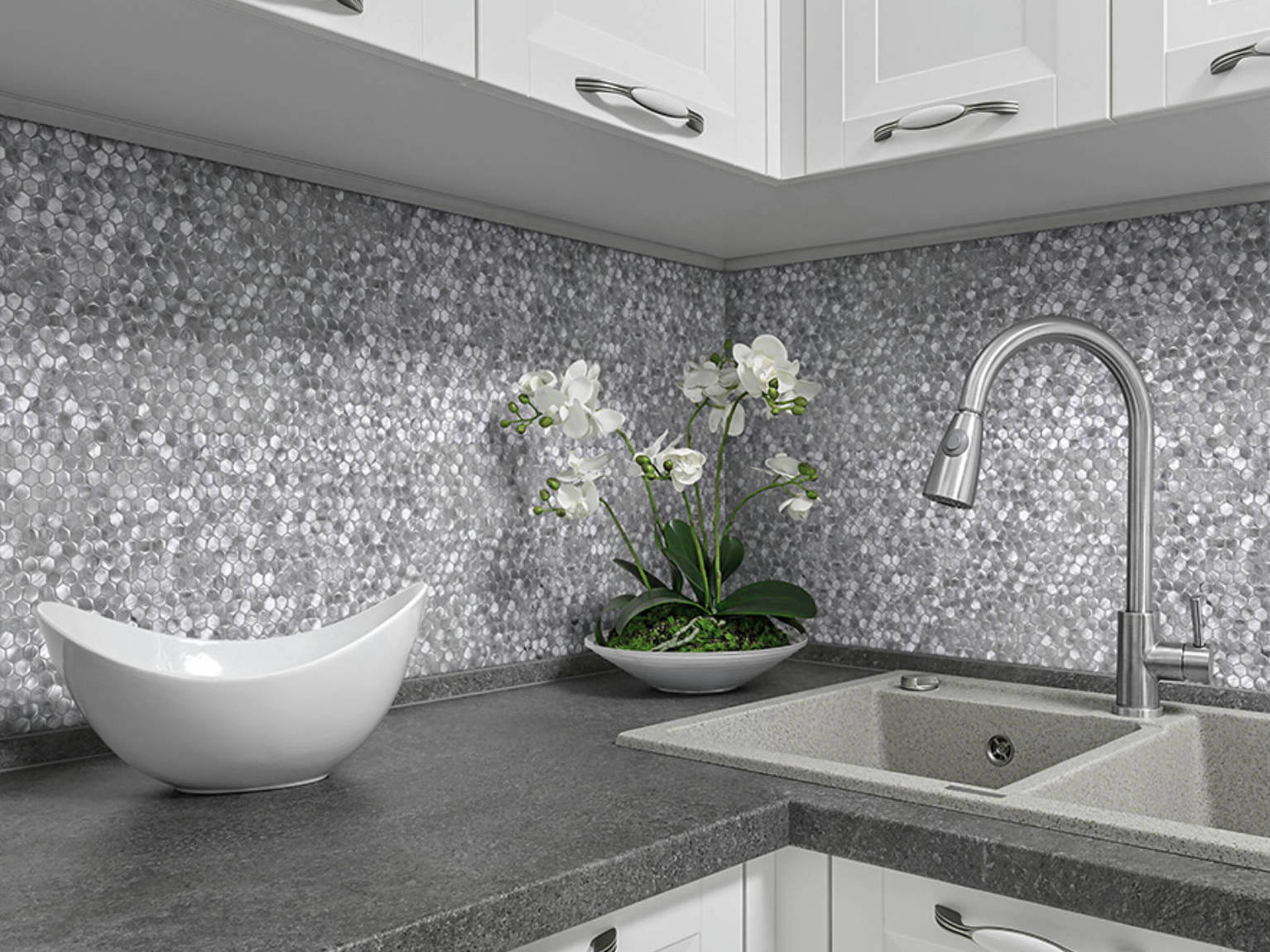 Medium Hexagon Silver Aluminum Mosaic  | Classic Tile Imports