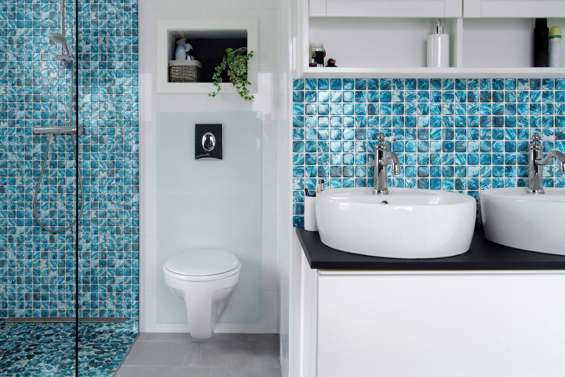 Glass Pebble Blue + Glass Square Blue Marble Pattern Mix | Classic Tile Imports
