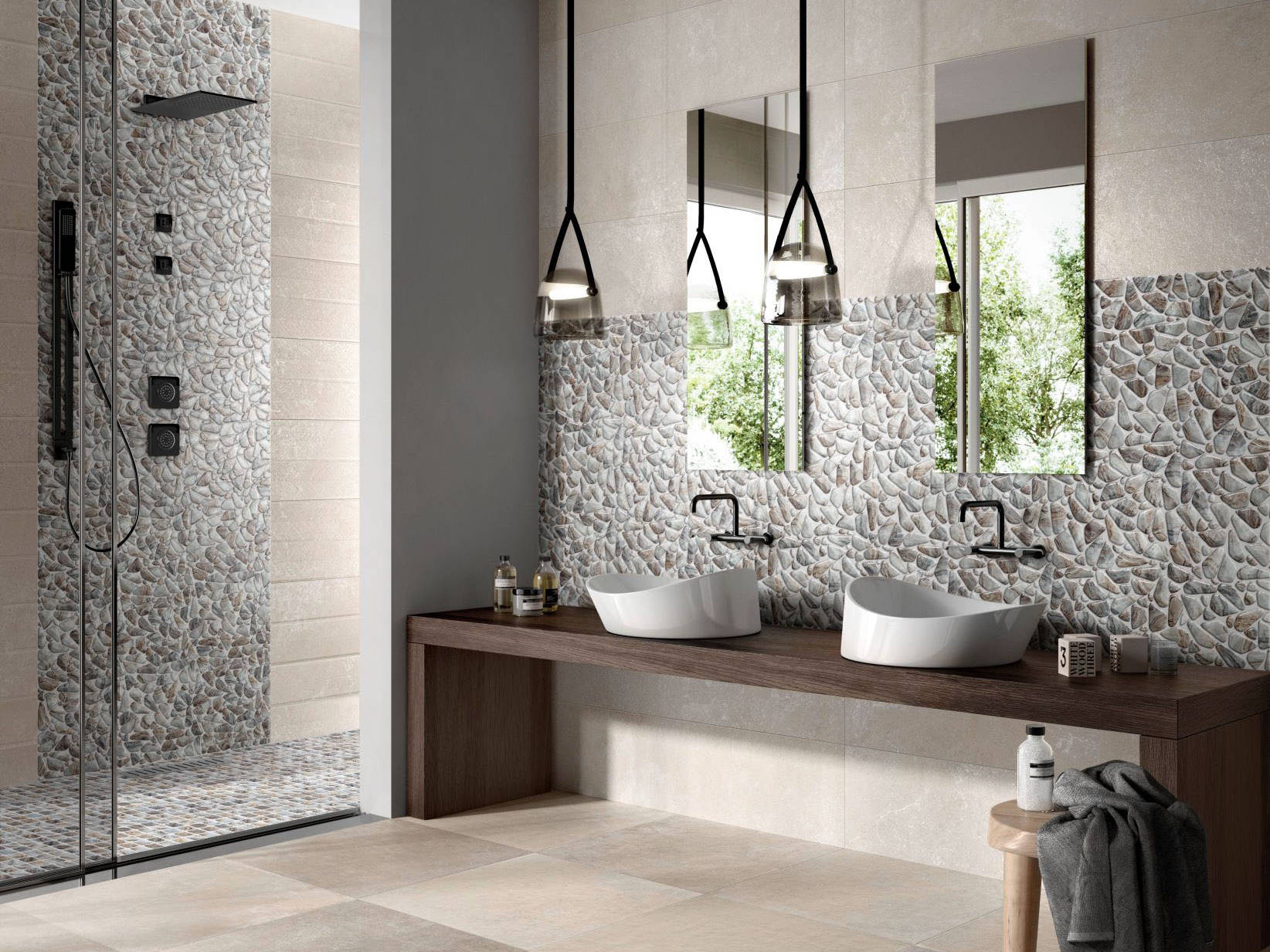 Glass Pebble Grey Beige Mix + Glass Square Grey Beige Mix | Classic Tile Imports