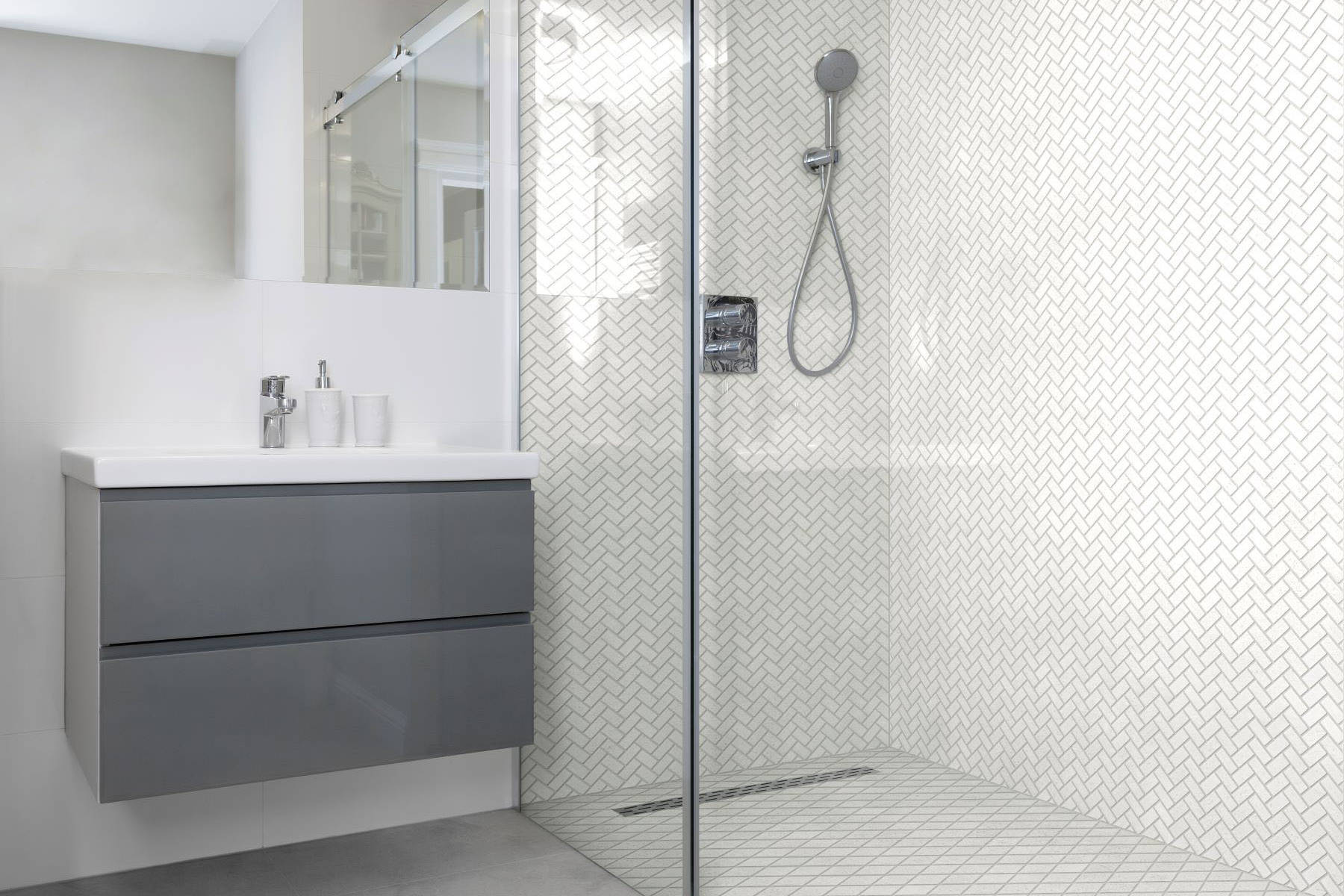 Herringbone Crystal + Crystal White  Marble Diamond | Classic Tile Imports