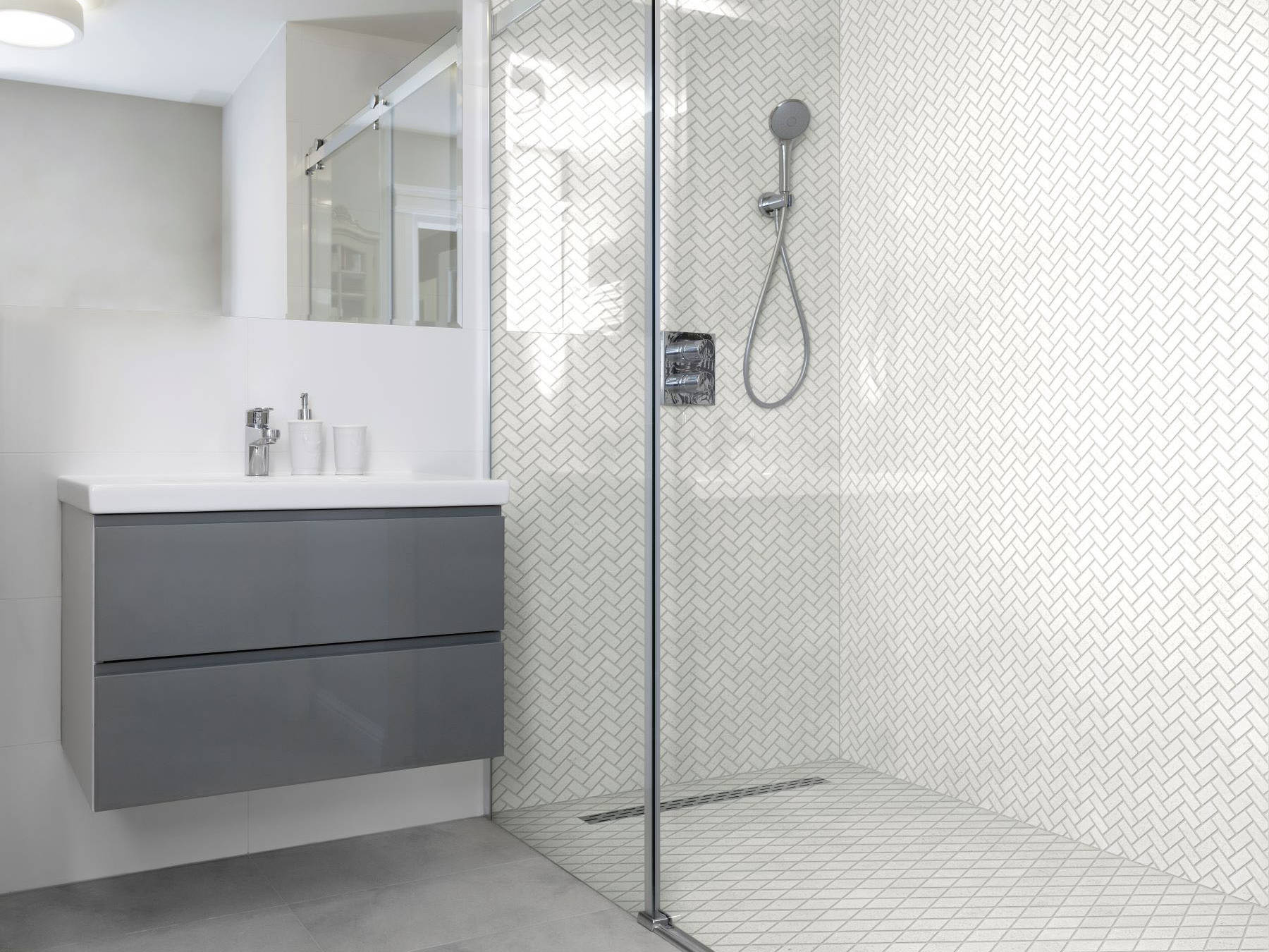 Herringbone Crystal + Crystal White  Marble Diamond | Classic Tile Imports