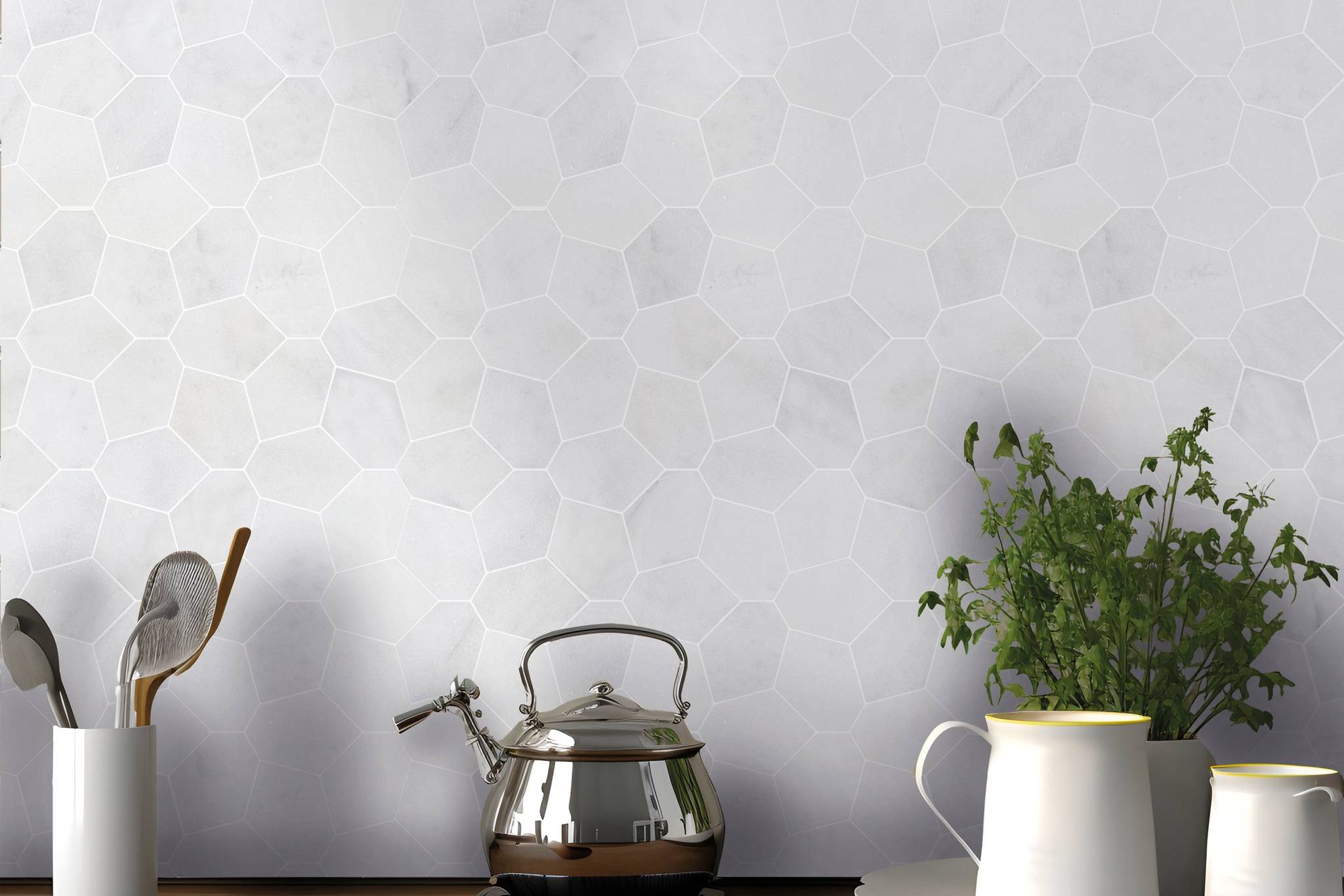 Irregular Hexagon White Grey Marble  | Classic Tile Imports