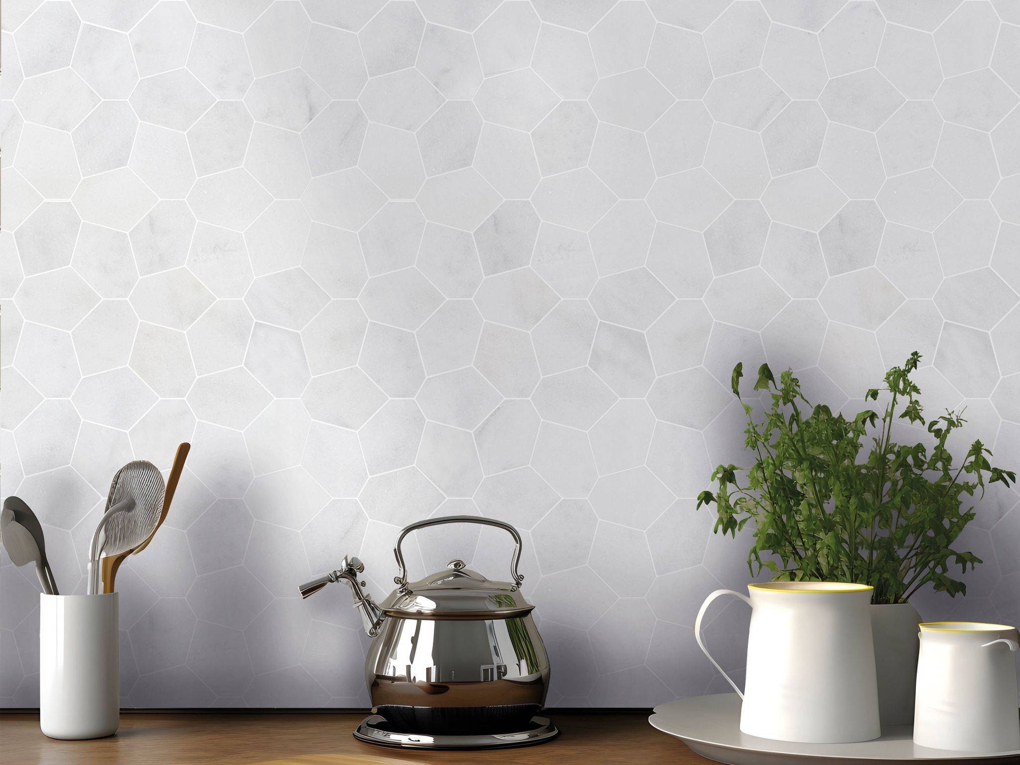 Irregular Hexagon White Grey Marble  | Classic Tile Imports